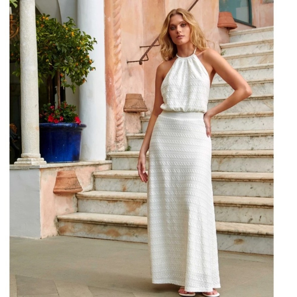 Melissa Odabash Dress Med White Maeva Crochet Halter Maxi Tassel Knit Cover Up